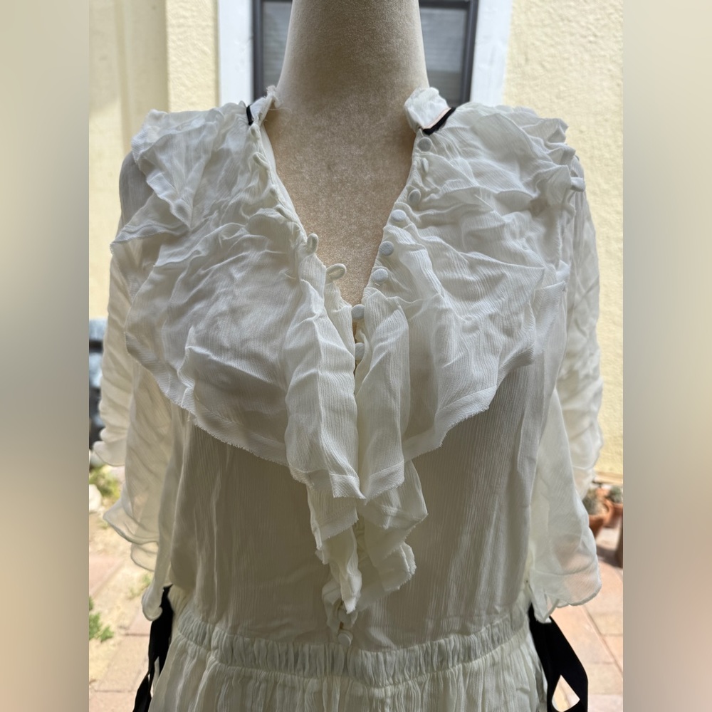 Zara Studio S/S 2023 SS23 White Ruffle Mini Dress Button Ribbon Blouson Chiffon - Picture 2 of 7